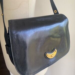 Vintage CELINE Black Leather Shoulder Bag with Gold Accent  Tiromphe Purse